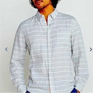 Marine Layer Long Slv Cotton Pocket Shirt Grey + Aqua Size Marge w MEASUREMENTS